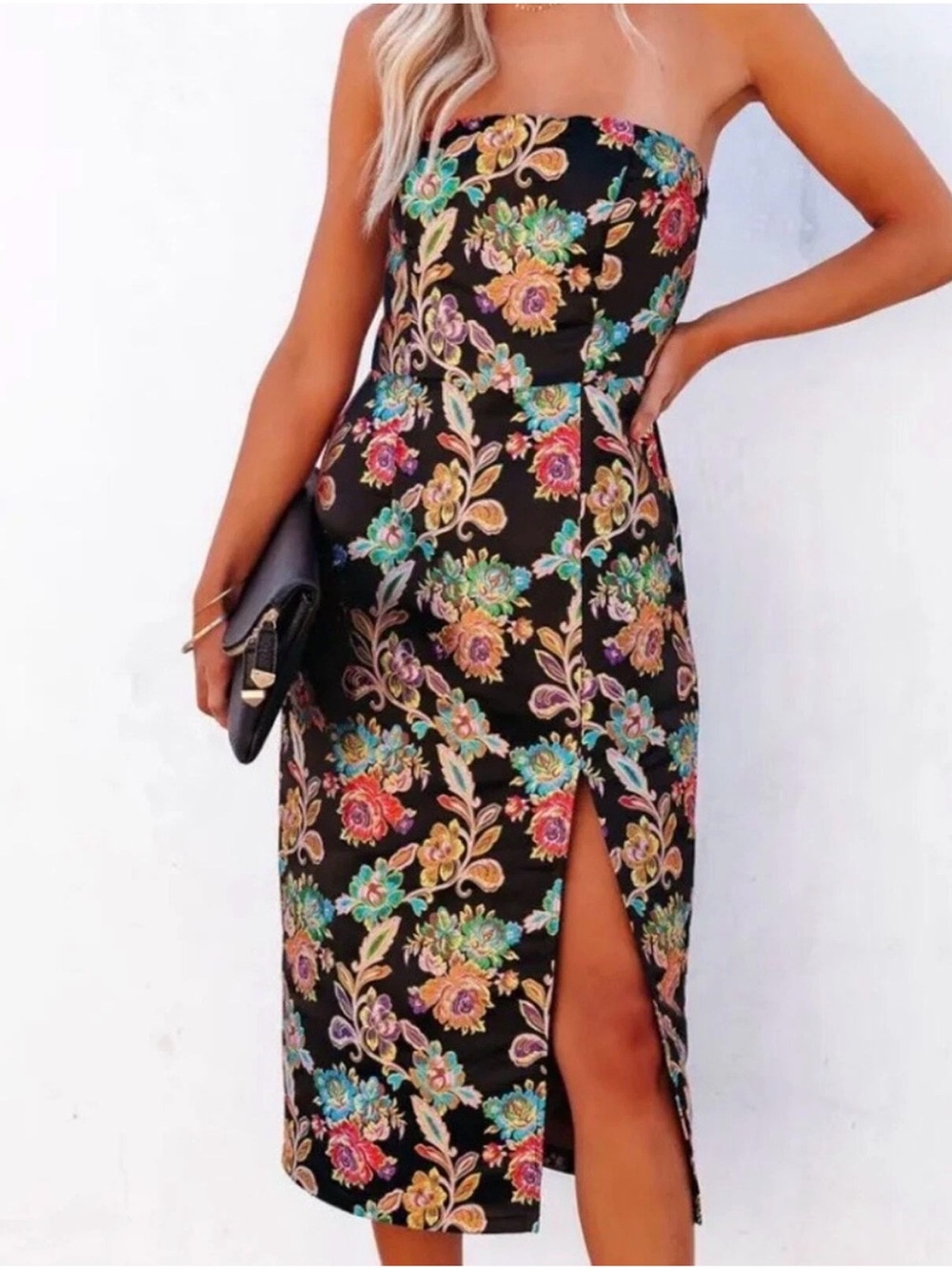 Olia Gianni Strapless Embroidered Floral Midi Dress with Front Slit Size M
